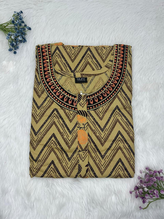 Ecru and Onyx Printed 12" Long Zip Matching Embroidery Neck Pure Cotton Feeding Nighty Plus Size Short Sleeve (Suits for bra size 40″- 46″ | 54"-56" inch length)