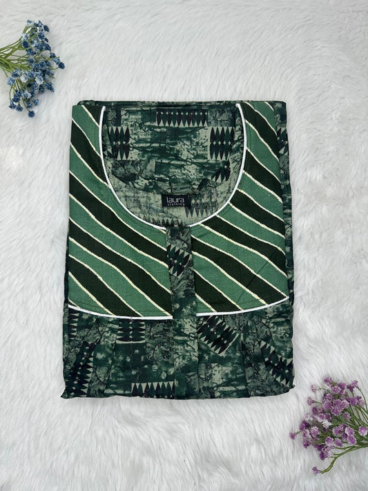 Sea Green Printed Mix N Match Round Neck Pleated Cotton Nighty With Centre -8″ Zip Short Sleeve Free Size (Suits for bra size 34″- 40″ | 54-56 inch length )