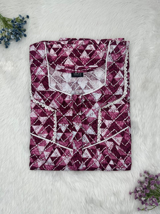 Old Mauve Printed Square Neck Centre Long 12" Zip Pure Cotton Feeding Nighty Free Size Short Sleeve (Suits for bra size 34″- 40″ | 54-56 inch length)