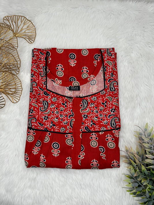 Dark Red Printed Mix N Match Square Neck Pleated Cotton Nighty With Centre -8″ Zip Short Sleeve Free Size (Suits for bra size 34″- 40″ | 54-56 inch length