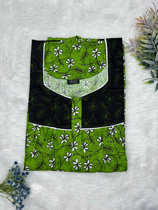 Olive Drab Printed Mix N Match Square Neck Pleated Cotton Nighty With Centre -8″ Zip Short Sleeve Free Size (Suits for bra size 34″- 40″ | 54-56 inch length )