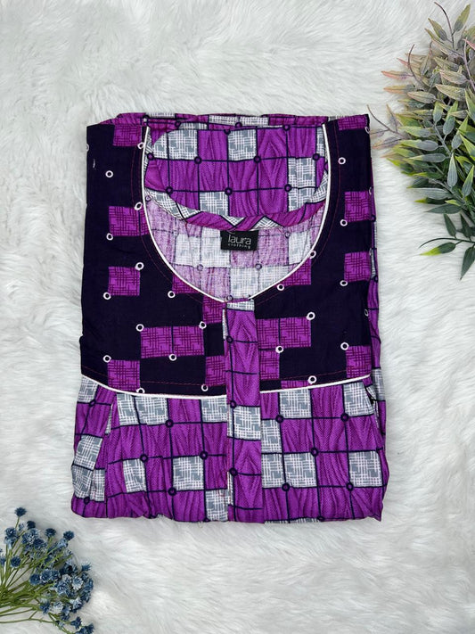 Dark Orchid and Onyx Printed Round Neck Pleated Pure Cotton Feeding Nighty With Two Side Vertical Zip and Single Centre Zip Free Size Short Sleeve (Suits for bra size 34″- 40″ | 54-56 inch length)