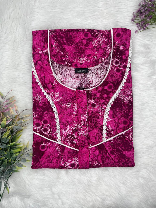 Dark Raspberry Printed Round Neck Centre Long 12" Zip Pure Cotton Feeding Nighty Free Size Short Sleeve (Suits for bra size 34″- 40″ | 54-56 inch length)