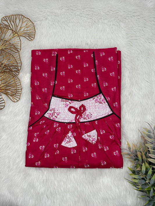 Vivid Burgundy Printed Front and Piggy Pink Pleated Pure Cotton Nighty Free Size Short Sleeve (Suits for bra size 34″- 40″ | 54-56 inch length)