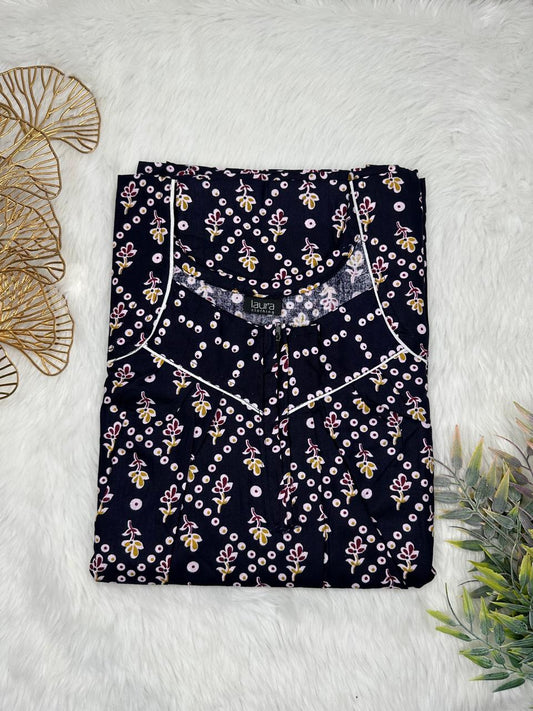 Onyx Floral Cinder Printed Square Neck Pleated Zip Pure Cotton Nighty Free Size Short Sleeve (Suits for bra size 34″- 40″ | 54-56 inch length)
