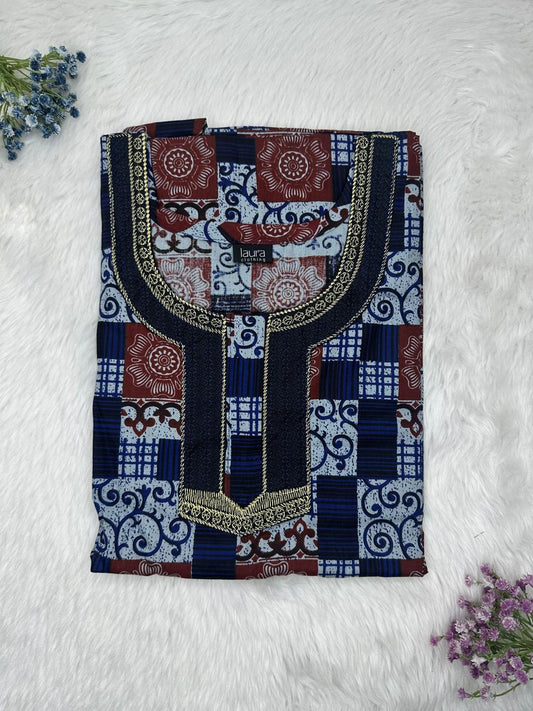 Cadet Grey Printed Normal Zip Pure Cotton Matching Neck Embroidery Nighty Free Size Short Sleeve (Suits for bra size 34″- 40″ | 54-56 inch length)