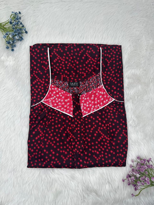 Dark Scarlet and Onyx Printed Square Neck Pleated Zip Pure Cotton Nighty Free Size Short Sleeve (Suits for bra size 34″- 40″ | 54-56 inch length)