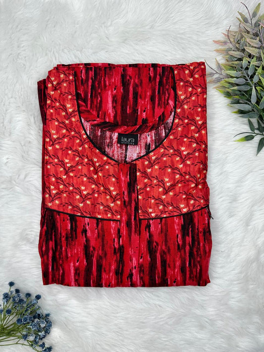 Crimson Printed Round Neck Pleated Pure Cotton Feeding Nighty With Two Side Vertical Zip and Single Centre Zip Free Size Short Sleeve (Suits for bra size 34″- 40″ | 54-56 inch length)
