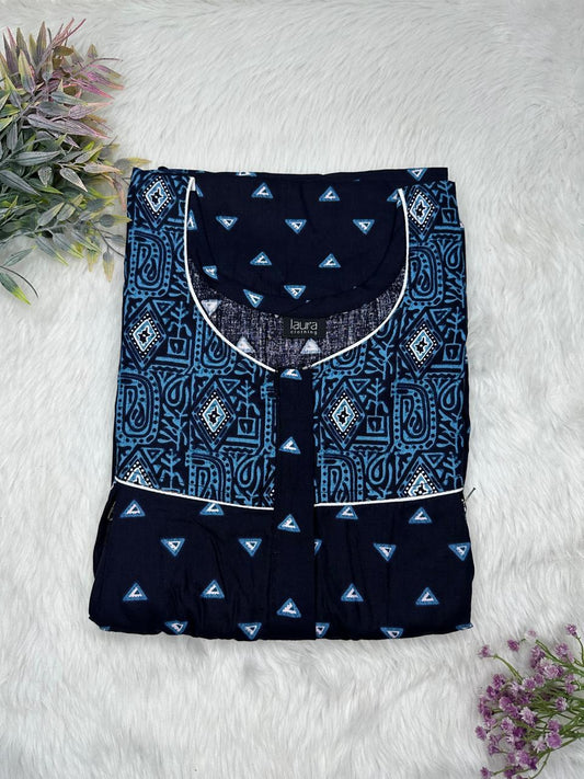 Rackley and Dark Blue Printed Round Neck Pleated Pure Cotton Feeding Nighty With Two Side Vertical Zip and Single Centre Zip Free Size Short Sleeve (Suits for bra size 34″- 40″ | 54-56 inch length)