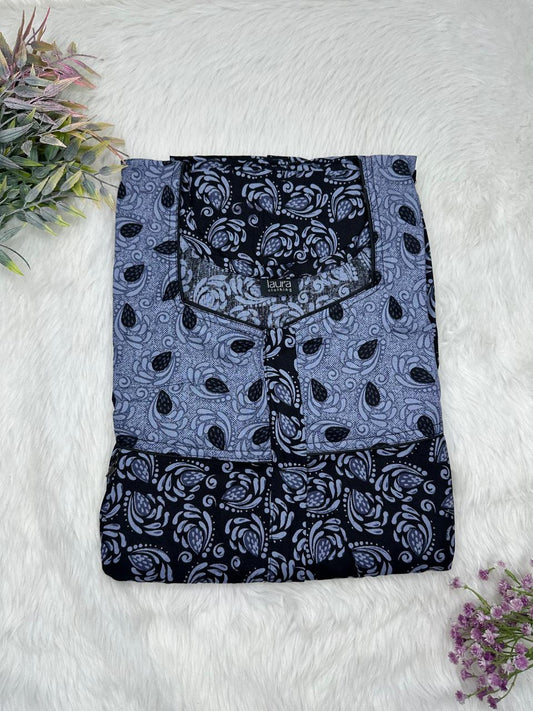 UCLA Blue and Onyx Printed Square Neck Pleated Pure Cotton Feeding Nighty With Two Side Vertical Zip and Single Centre Zip Free Size Short Sleeve (Suits for bra size 34″- 40″ | 54-56 inch length)