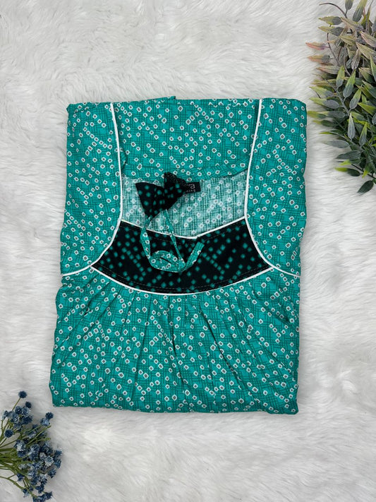 Dark Cyan Printed Square Neck No Zip Pleated Pure Cotton Nighty Free Size Short Sleeve (Suits for bra size 34″- 40″ | 54-56 inch length)