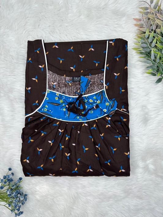 Seal Brown Printed Square Neck No Zip Pleated Pure Cotton Nighty Free Size Short Sleeve (Suits for bra size 34″- 40″ | 54-56 inch length)