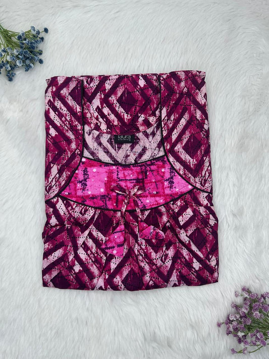 Jazzberry Jam Printed Square Neck No Zip Pleated Pure Cotton Nighty Free Size Short Sleeve (Suits for bra size 34″- 40″ | 54-56 inch length)