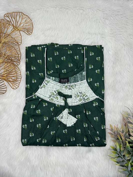 Medium Jungle Green Floral Printed Square Neck No Zip Pleated Pure Cotton Nighty Free Size Short Sleeve (Suits for bra size 34″- 40″ | 54-56 inch length)