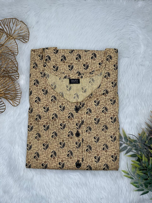 Khaki Printed Round Neck Pure Cotton Full Open Button Labour Room Nighty Free Size Short Sleeve (Suits for bra size 34″- 40″ | 54-56 inch length)