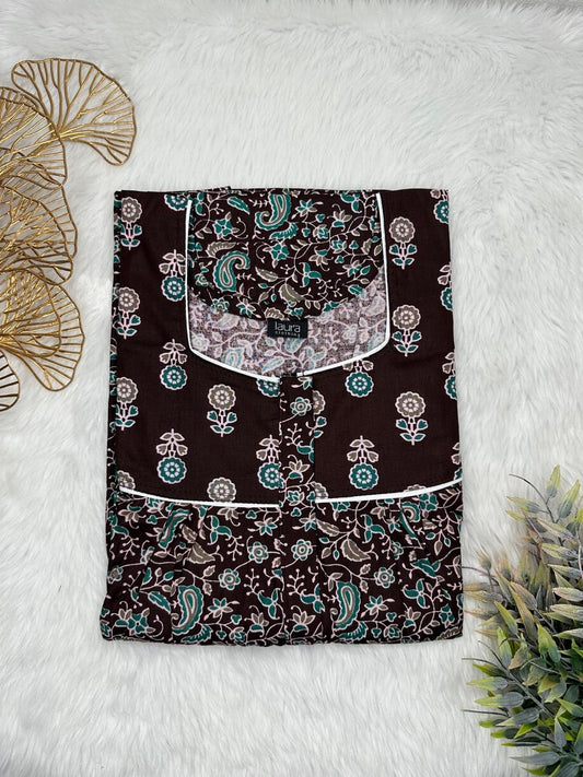 Seal Brown Printed Mix N Match Square Neck Pleated Cotton Nighty With Centre -8″ Zip Short Sleeve Free Size (Suits for bra size 34″- 40″ | 54-56 inch length
