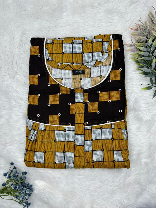 Drab Printed Mix N Match Round Neck Pleated Cotton Nighty With Centre -8″ Zip Short Sleeve Free Size (Suits for bra size 34″- 40″ | 54-56 inch length )