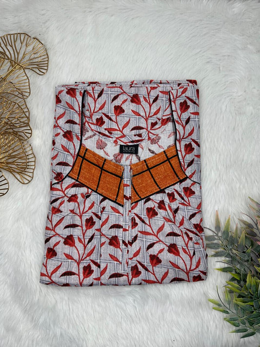 Trolley Grey and Rust Printed Square Neck Pleated Zip Pure Cotton Nighty Free Size Short Sleeve (Suits for bra size 34″- 40″ | 54-56 inch length)