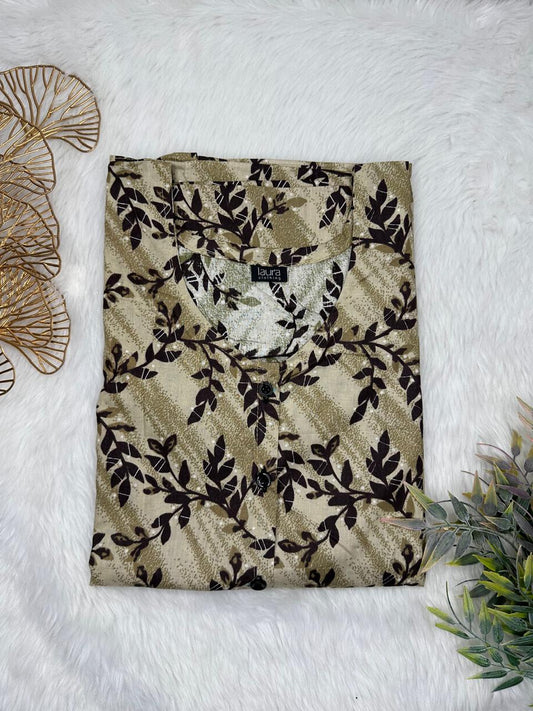 Khaki and Onyx Printed Round Neck Pure Cotton Full Open Button Labour Room Nighty Free Size Short Sleeve (Suits for bra size 34″- 40″ | 54-56 inch length)