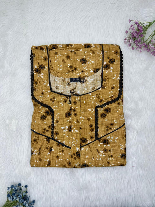 Drab Printed Square Neck Centre Long 12" Zip Pure Cotton Feeding Nighty Free Size Short Sleeve (Suits for bra size 34″- 40″ | 54-56 inch length)