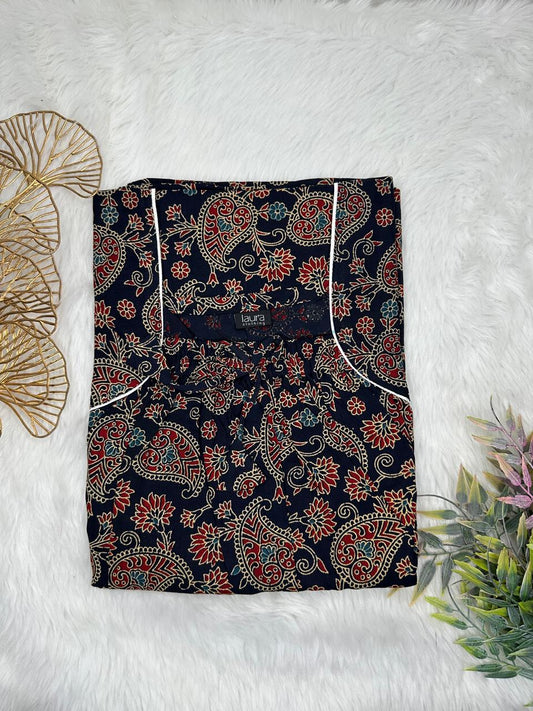 Onyx and Deep Coffee Printed Pure Cotton Square Neck Elastic Pleated Nighty Free Size Short Sleeve (Suits for bra size 34″- 40″ | 54-56 inch length)