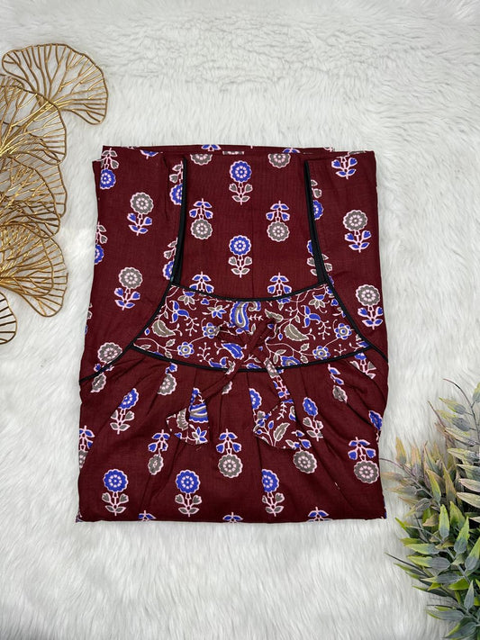 Cocoa Brown Printed Front and Back Pleated Pure Cotton Nighty Free Size Short Sleeve (Suits for bra size 34″- 40″ | 54-56 inch length)