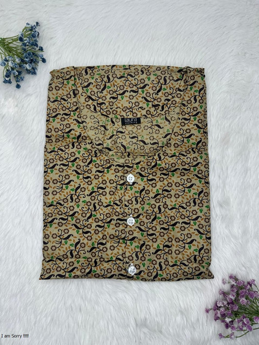 Dark Beige Tan Printed Round Neck Pure Cotton Full Open Button Labour Room Nighty Free Size Short Sleeve (Suits for bra size 34″- 40″ | 54-56 inch length)