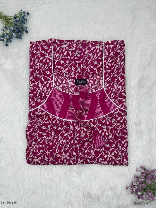 Mulberry Purple Printed Square Neck No Zip Pleated Pure Cotton Nighty Free Size Short Sleeve (Suits for bra size 34″- 40″ | 54-56 inch length)