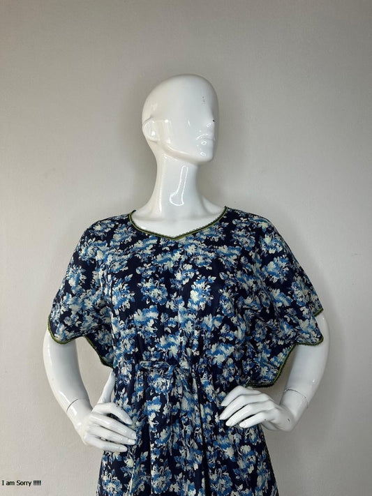 Jaguar and Black Printed Pure Cotton V-Neck Kaftan With Matching Border Lace And Adjustable Tie Free Size (Suits for bra size 34″- 40″) | 54-56 Inch Length