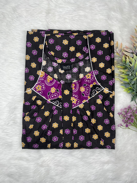 Onyx and Byzantium Printed Round Neck Pleated Zip Pure Cotton Nighty Free Size Short Sleeve (Suits for bra size 34″- 40″ | 54-56 inch length)