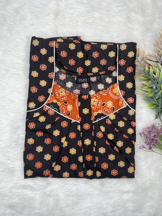 Onyx and Flame Printed Round Neck Pleated Zip Pure Cotton Nighty Free Size Short Sleeve (Suits for bra size 34″- 40″ | 54-56 inch length)