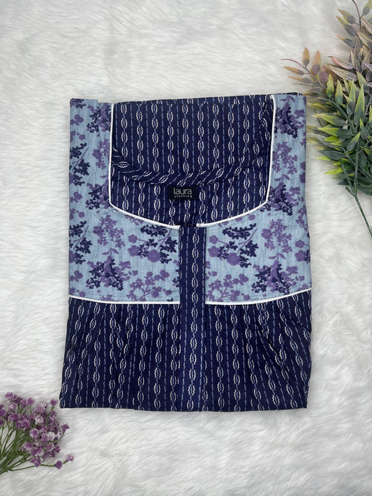 Ebony Blue Printed Mix N Match Square Neck Pleated Cotton Nighty With Centre -8″ Zip Short Sleeve Free Size (Suits for bra size 34″- 40″ | 54-56 inch length)