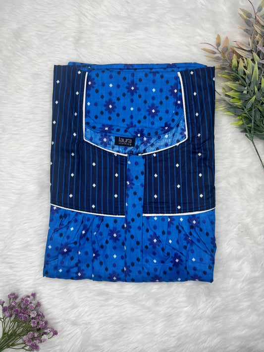 Royal Blue Printed Mix N Match Square Neck Pleated Cotton Nighty With Centre -8″ Zip Short Sleeve Free Size (Suits for bra size 34″- 40″ | 54-56 inch length)