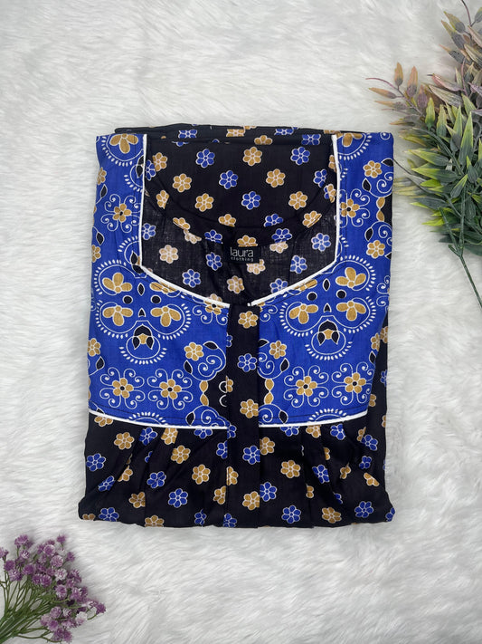 Saphire Printed Mix N Match Square Neck Pleated Cotton Nighty With Centre -8″ Zip Short Sleeve Free Size (Suits for bra size 34″- 40″ | 54-56 inch length)