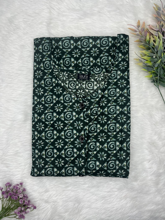 Rangoon Green Printed Square Neck Pure Cotton Full Open Button Labour Room Nighty Free Size Short Sleeve (Suits for bra size 34″- 40″ | 54-56 inch length)