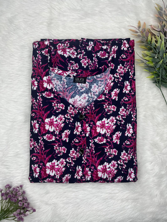 Mirage Floral Printed Square Neck Pure Cotton Full Open Button Labour Room Nighty Free Size Short Sleeve (Suits for bra size 34″- 40″ | 54-56 inch length)