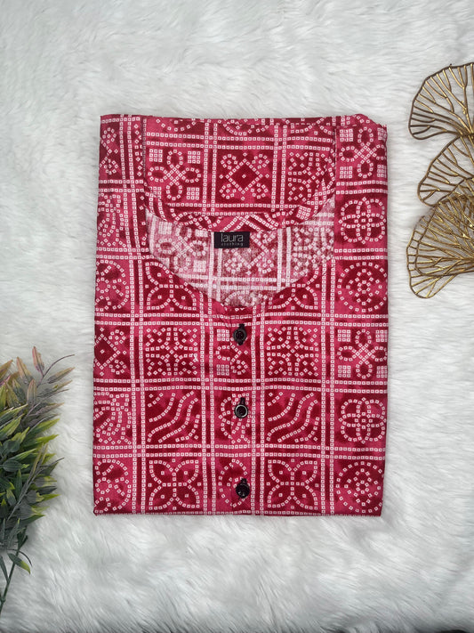 Merlot Red Printed Square Neck Pure Cotton Full Open Button Labour Room Nighty Free Size Short Sleeve (Suits for bra size 34″- 40″ | 54-56 inch length)