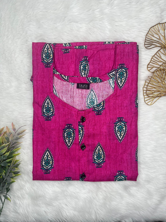 Jazberry Pink Printed Square Neck Pure Cotton Full Open Button Labour Room Nighty Free Size Short Sleeve (Suits for bra size 34″- 40″ | 54-56 inch length)