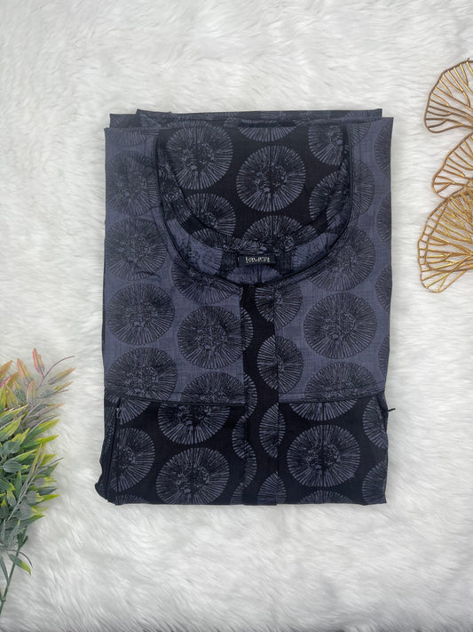 Onyx Black Printed Round Neck Pleated Pure Cotton Feeding Nighty With Two Side Vertical Zip and Single Centre Zip Free Size Short Sleeve (Suits for bra size 34″- 40″ | 54-56 inch length)