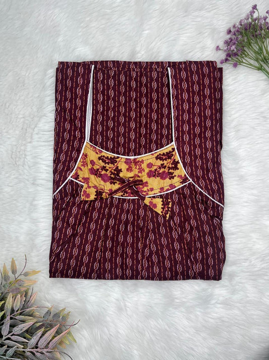 Dark sienna Printed Front and Back Pleated Pure Cotton Nighty Free Size Short Sleeve (Suits for bra size 34″- 40″ | 54-56 inch length)