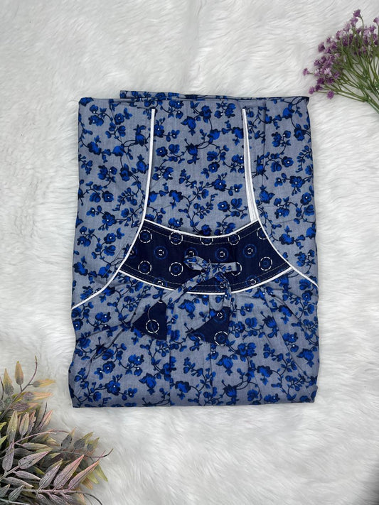 River Blue Printed Front and Back Pleated Pure Cotton Nighty Free Size Short Sleeve (Suits for bra size 34″- 40″ | 54-56 inch length)