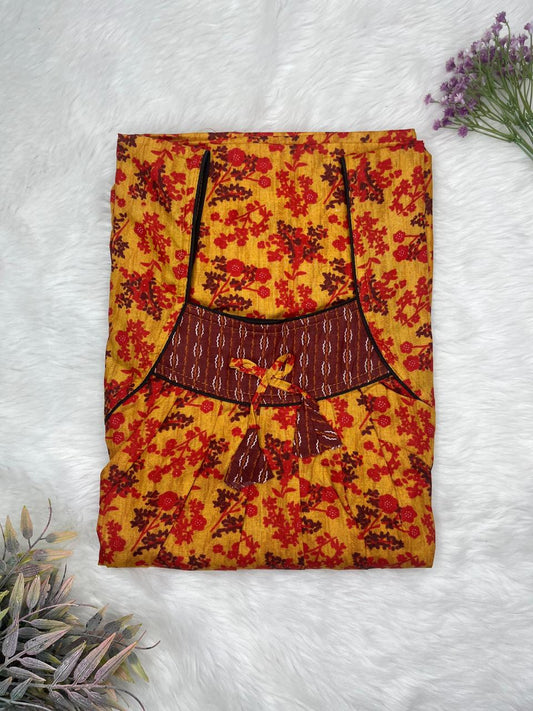 Rale Orange Printed Front and Back Pleated Pure Cotton Nighty Free Size Short Sleeve (Suits for bra size 34″- 40″ | 54-56 inch length)