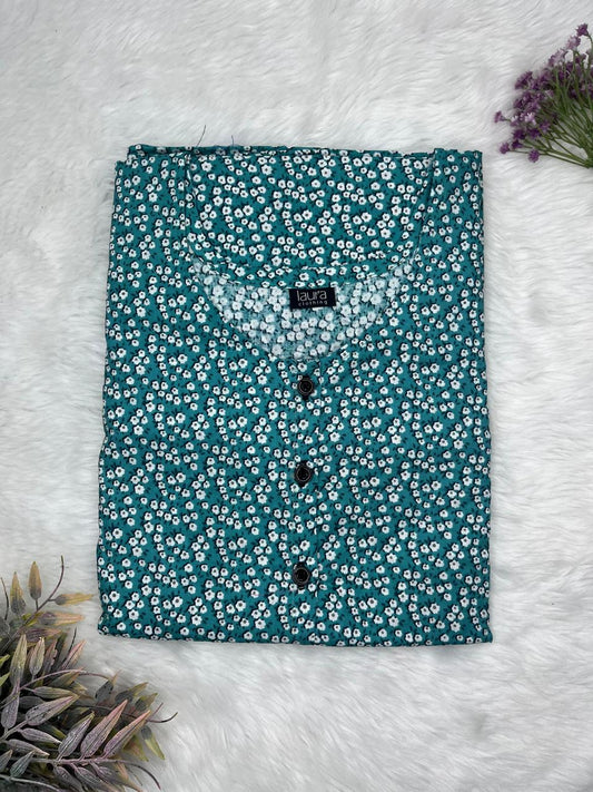 Dark Teal  Printed Round Neck Pure Cotton Full Open Button Labour Room Nighty Free Size Short Sleeve (Suits for bra size 34″- 40″ | 54-56 inch length)