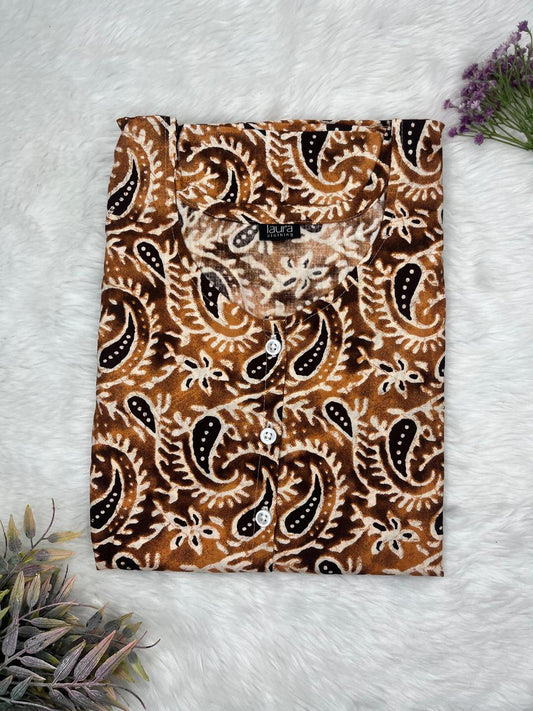 Choco Brown Printed Round Neck Pure Cotton Full Open Button Labour Room Nighty Free Size Short Sleeve (Suits for bra size 34″- 40″ | 54-56 inch length)