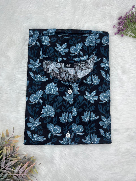 Nile Blue Floral Printed Round Neck Pure Cotton Full Open Button Labour Room Nighty Free Size Short Sleeve (Suits for bra size 34″- 40″ | 54-56 inch length)