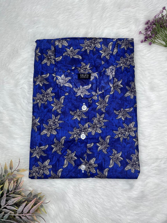 Lapis Blue Printed Round Neck Pure Cotton Full Open Button Labour Room Nighty Free Size Short Sleeve (Suits for bra size 34″- 40″ | 54-56 inch length)