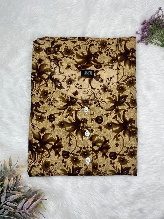 Tan Beige Printed Round Neck Pure Cotton Full Open Button Labour Room Nighty Free Size Short Sleeve (Suits for bra size 34″- 40″ | 54-56 inch length)