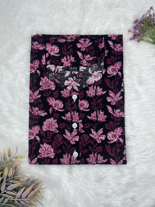 Winsy Purple Printed Round Neck Pure Cotton Full Open Button Labour Room Nighty Free Size Short Sleeve (Suits for bra size 34″- 40″ | 54-56 inch length)