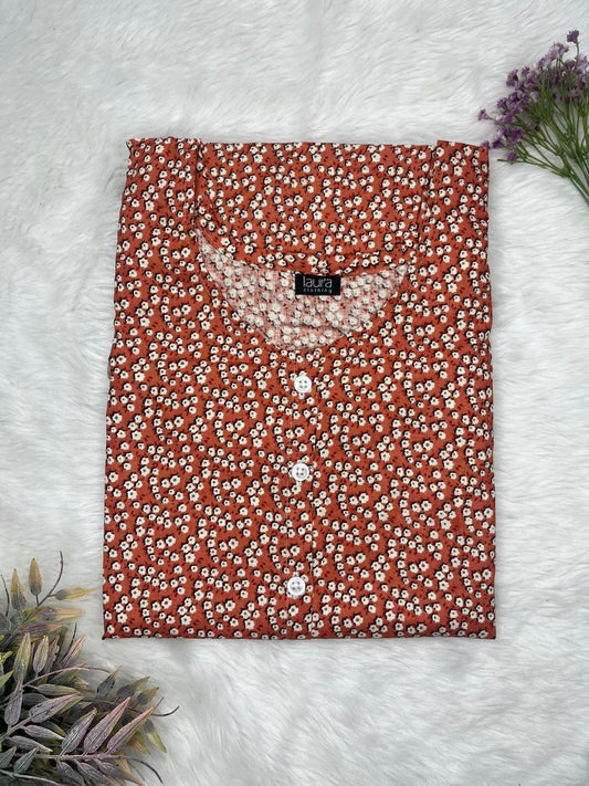 Caramine Dot Printed Round Neck Pure Cotton Full Open Button Labour Room Nighty Free Size Short Sleeve (Suits for bra size 34″- 40″ | 54-56 inch length)