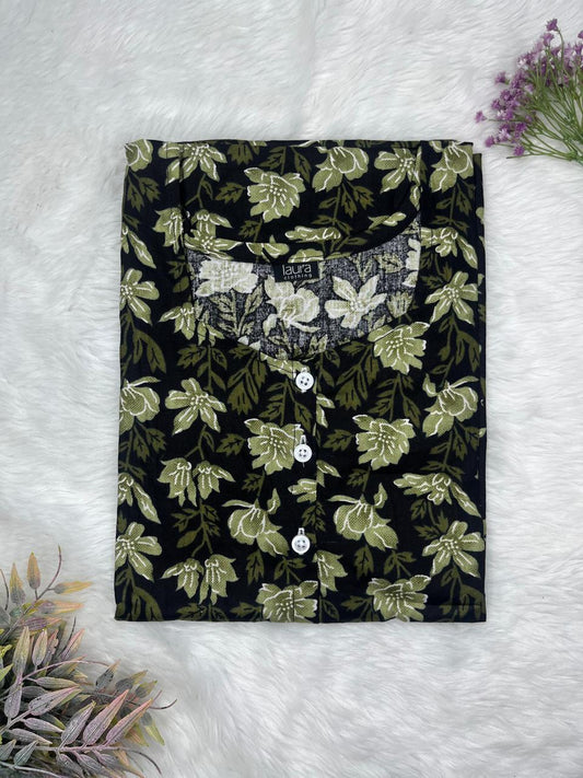 Greek FloralPrinted Round Neck Pure Cotton Full Open Button Labour Room Nighty Free Size Short Sleeve (Suits for bra size 34″- 40″ | 54-56 inch length)